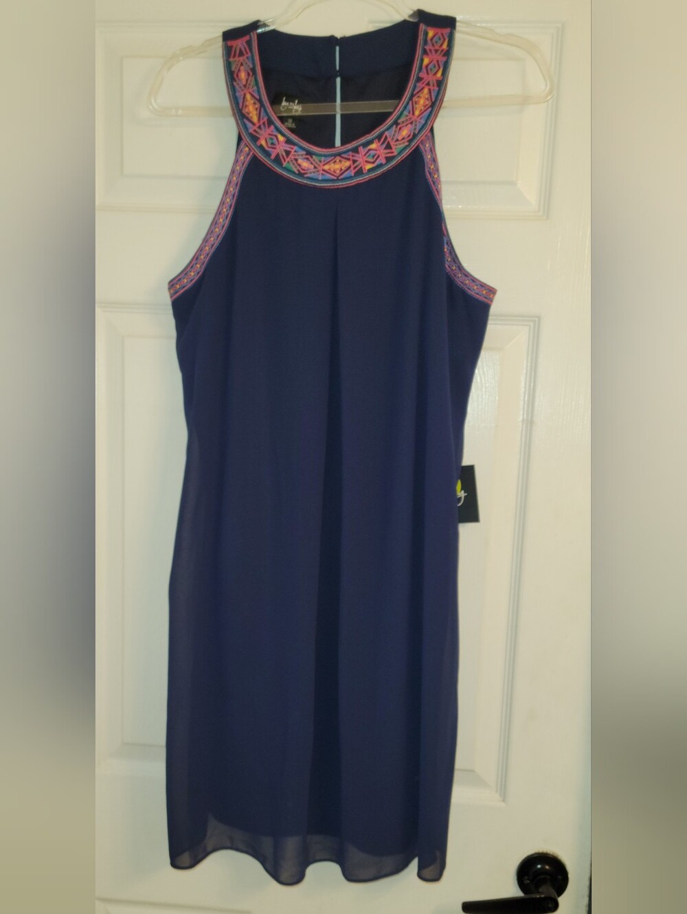 by & by Navy Sleeveless Dress with Pink & Orange Embroidered Neckline
